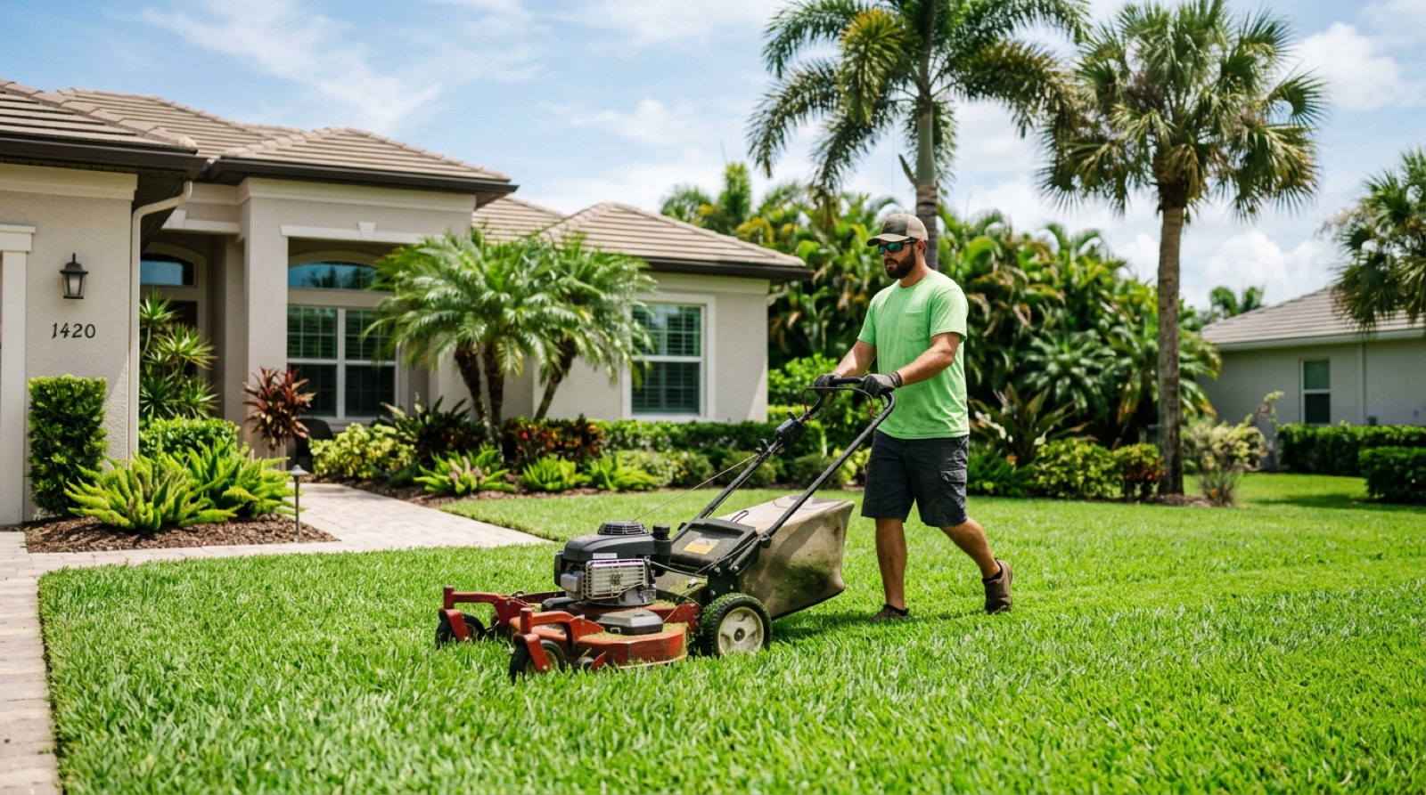 Lawn care crew member mowing a lush green lawn at a Florida home